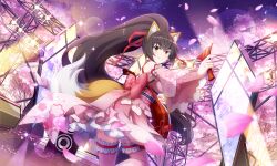 1girl a_(show_by_rock!!) animal_ear_fluff animal_ears artist_request back_bow bow brown_hair cherry_blossoms cowboy_shot detached_sleeves falling_petals floral_print forked_eyebrows fox_ears fox_girl fox_tail frilled_thigh_strap from_behind hair_ribbon high_ponytail holding layered_skirt lens_flare long_hair looking_at_viewer looking_back night night_sky obi official_art outdoors outstretched_arm petals pink_bow pink_skirt ponytail ribbon sash scaffolding show_by_rock!! skirt sky smile solo sparkle speaker stage tail thick_eyebrows thigh_strap third-party_source tile_floor tiles yellow_eyes