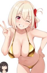 2girls bikini blonde_hair breasts cleavage commentary_request gold_bikini grin hair_ribbon hand_on_own_hip highres inoue_takina large_breasts leaning_forward lycoris_recoil mobukichi multiple_girls navel nishikigi_chisato one_eye_closed one_side_up red_eyes red_ribbon ribbon short_hair simple_background smile solo_focus stomach swimsuit v