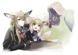 2girls animal_ears arknights blonde_hair e-bushi fox_ears fox_girl gloves hairband highres mother_and_daughter multiple_girls suzuran&#039;s_father_(arknights) suzuran_(arknights) vulpisfoglia_(arknights)