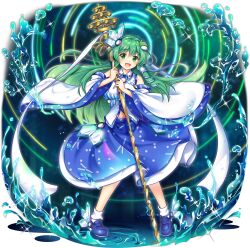 1girl :d adapted_costume bell blue_shoes blue_skirt crystal_hair_ornament detached_sleeves frog_hair_ornament full_body game_cg green_eyes green_hair hair_ornament hair_tubes highres holding holding_staff kochiya_sanae kochiya_sanae_(hand_in_hand_with_a_miracle) long_hair looking_at_viewer official_art open_mouth rotte_(1109) shakujou shoes single_hair_tube skirt smile snake_hair_ornament socks solo staff third-party_source touhou touhou_lostword transparent_background very_long_hair white_socks wide_sleeves