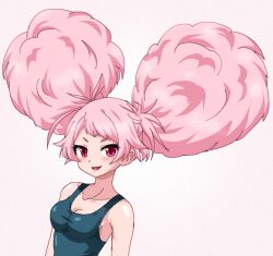 1girl afro_puffs blue_one-piece_swimsuit breasts chuatury_panlunch cleavage commentary_request double_bun gundam gundam_suisei_no_majo hair_bun hayashiya_zankurou medium_breasts one-piece_swimsuit open_mouth pink_eyes pink_hair smile solo swimsuit upper_body
