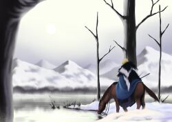 bare_tree black_fur blonde_hair blue_cape cape commentary dimitri_alexandre_blaiddyd dimitri_alexandre_blaiddyd_(timeskip) english_commentary fire_emblem fire_emblem:_three_houses from_behind grey_sky highres horse horseback_riding male_focus mountain mountainous_horizon nintendo outdoors reins riding sky snow solo tree viraneville water white_fur winter