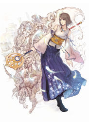 00s 1girl bahamut_(final_fantasy) blue_eyes breasts brown_hair detached_sleeves final_fantasy final_fantasy_x green_eyes hakama hakama_skirt heterochromia highres ifrit_(final_fantasy) ixion japanese_clothes jewelry kllsiren necklace shiva_(final_fantasy) short_hair skirt staff valefor white_background yojimbo_(final_fantasy) yuna yuna_(ff10)
