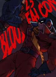 2boys armor belt blood_falcon character_name cowboy_shot dutch_angle f-zero f-zero_falcon_densetsu gloves head_out_of_frame helmet highres looking_at_another monkii_(mjooolnina) multiple_boys nintendo open_mouth pauldrons ryu_suzaku scarf shoulder_armor smile