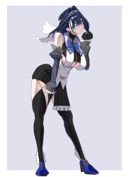 1girl absurdres black_gloves black_hair black_skirt black_thighhighs blue_bow blue_eyes border bow bow_earrings breasts chain chain_headband clothing_cutout daaku_(koizumi_arata) detached_sleeves earrings gloves grey_background grey_sleeves hair_intakes hand_up hashtag-only_commentary highres hololive hololive_english jewelry large_breasts looking_at_viewer ouro_kronii ouro_kronii_(1st_costume) parted_lips shirt skirt solo standing thighhighs underboob_cutout veil virtual_youtuber white_border white_shirt
