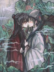 Rule 34 | 2boys, absurdres, aged down, bandaged arm, bandaged hand, bandages, black hair, black hanfu, blood, blood on hands, bloody bandages, blush, braid, chinese clothes, chinese commentary, coat, cocito, dao gui yi xian, eye contact, face-to-face, flower, from side, green eyes, hair between eyes, hair bun, hair ribbon, half updo, hand up, hanfu, hat, hat ribbon, highres, holding, holding another&#039;s wrist, holding plant, imminent kiss, jin (headwear), leaf, li huowang, lily pad, long hair, long sleeves, looking at another, lotus, lotus pod, male focus, multiple boys, open mouth, parted lips, plant, profile, red coat, red eyes, red flower, red ribbon, ribbon, robe, shaded face, sidelocks, single braid, single hair bun, smoke, standing, updo, upper body, very long hair, white hanfu, white hat, wide sleeves, yaoi, zhouzi jin (headwear), zhuge yuan