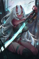 1girl akumi_(yoclesh) black_gloves black_thighhighs breasts cleavage colored_skin detached_sleeves earrings fingerless_gloves gloves grass highres holding holding_sword holding_weapon horns indie_virtual_youtuber jewelry long_hair oni red_skin scar scar_on_face see-through_cleavage see-through_clothes single_detached_sleeve single_glove single_thighhigh solo sword thigh_strap thighhighs virtual_youtuber watermark weapon white_hair yellow_eyes yoclesh