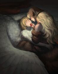 2girls bare_shoulders black_dress black_hood blonde_hair blush body_fur brown_dress brown_headwear centauroid chimera closed_mouth commentary completely_nude detached_hood detached_sleeves dragon_girl dress dungeon_meshi ear_covers elf english_commentary eye_contact falin_touden falin_touden_(chimera) feathered_wings feeding food food_on_face from_above fur-trimmed_dress fur-trimmed_sleeves fur_trim green_eyes highres holding holding_food hood hood_up hug lace lace-trimmed_dress lace-trimmed_headwear lace-trimmed_sleeves lace_trim long_hair looking_at_another looking_down looking_up marcille_donato marcille_donato_(lord) monster_girl multiple_girls nude official_alternate_costume own_hands_together pie pie_slice pointy_ears short_hair sitting sleeves_past_wrists spoilers taur toodlingart twitter_username wings yellow_eyes yuri