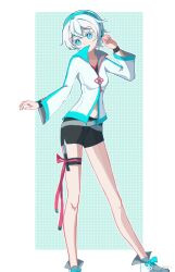 1girl belt bike_shorts black_shorts blue_eyes blue_sleeve_cuffs cardiogram_print chinese_knot grey_belt headphones headset highres jacket long_sleeves looking_at_viewer pointzhu short_hair short_shorts shorts solo standing tassel thigh_strap vocaloid vsinger_(vocaloid) watermark weibo_username weibo_watermark white_hair white_jacket wristband yanhe yanhe_v3