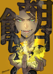 Rule 34 | 1boy, absurdres, animal ears, brown hair, commentary request, crowdance, dark-skinned male, dark skin, double exposure, fangs, green eyes, highres, leona kingscholar, lion boy, lion ears, long hair, looking at viewer, magic, male focus, scar, scar across eye, scar on face, slit pupils, solo, twisted wonderland, upper body, yellow background