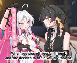 2girls ahoge antenna_hair aqua_eyes arm_up bare_shoulders black_bow black_gloves blush bow breasts carlotta_(wuthering_waves) closed_mouth commentary condom condom_packet_strip condom_wrapper cross-laced_clothes cross-laced_top dated dress earrings elbow_pads english_commentary english_text eye_contact female_rover_(wuthering_waves) gloves hair_bow hair_ribbon implied_futanari jacket jewelry long_hair looking_at_another medium_breasts multiple_girls parted_bangs photo-referenced pink_bow pink_jacket pout ribbon rover_(wuthering_waves) starblame striped_bow sweatdrop triangle_earrings upper_body white_dress white_hair wuthering_waves yellow_eyes yellow_ribbon