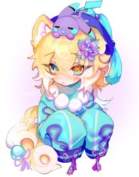 1girl 1other absurdres animal_ear_fluff animal_ears blonde_hair blush braid closed_mouth cloud_(lufaeris) crossed_bangs dot_nose eyelashes flower hair_between_eyes hair_flower hair_ornament hat heterochromia highres jewelry long_hair long_sleeves necklace original sidelocks simple_background sleeves_past_fingers sleeves_past_wrists tail tassel upper_body white_background