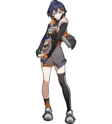 1girl bad_source belle_(zenless_zone_zero) belt black_shirt black_thighhighs blue_hair closed_mouth clothes_writing earrings fingerless_gloves flower full_body gloves green_eyes grey_shoes grey_shorts hair_ornament highres jewelry letter_hair_ornament long_sleeves looking_at_viewer official_art orange_belt orange_flower orange_socks shirt shoes short_hair shorts simple_background single_fingerless_glove single_thighhigh smile socks solo thighhighs transparent_background zenless_zone_zero