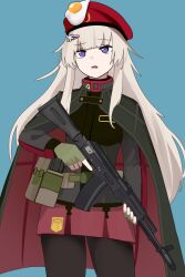 1girl absurdres ak-74m ak74m_(girls&#039;_frontline) assault_rifle beret black_pantyhose blue_background cloak commentary egg_yolk english_commentary flag_hair_ornament girls&#039;_frontline gloves green_cloak green_gloves grey_hair griffin_&amp;_kryuger_logo gun hat highres holding holding_gun holding_weapon kalashnikov_rifle long_hair myticalcat open_mouth pantyhose pouch purple_eyes red_hat red_skirt rifle russian_flag simple_background skirt solo trigger_discipline weapon