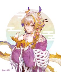 1girl arknights blonde_hair braid breasts choker cleavage coat colored_extremities commentary creature cupping_hands dragon_girl dragon_horns dragon_tail earrings egasumi flower frills fruit_earrings grey_eyes grey_hair hair_between_eyes hair_flower hair_intakes hair_ornament hair_over_shoulder highres holding holding_creature horns jewelry long_hair long_sleeves multicolored_hair official_alternate_costume own_hands_together pink_coat pointy_ears purple_hair sasark73_(namida) shawl shu_(arknights) shu_(spring_feast)_(arknights) small_breasts smile solo tail tassel twitter_username white_shawl yellow_choker
