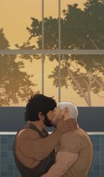 2boys amo_(youtian) asgar_(youtian) bara beard beard_stubble closed_eyes couple dark-skinned_male dark_skin facial_hair from_side full_beard highres ji_peng_gou_you kiss male_focus mature_male multiple_boys muscular muscular_male pectorals profile shirt short_hair sleeveless sleeveless_shirt stubble sunset thick_eyebrows upper_body window yaoi youtian_(youtiange)