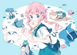 1girl absurdres angelfish aqua_background aqua_neckerchief aqua_sailor_collar aqua_skirt backpack bag bag_charm bird blue_eyes blush bread bread_slice charm_(object) clownfish commentary coral_hair_ornament cowboy_shot dot_nose english_commentary fish food food_in_mouth fried_egg fried_egg_on_toast from_side hair_ornament highres ibispaint_(medium) jellyfish long_hair looking_at_viewer manta_ray mouth_hold napo_(napo_illust) neckerchief ocean_sunfish original otter penguin pink_hair pleated_skirt running sailor_collar school_bag school_uniform serafuku shell_charm shirt short_sleeves skirt solo star_(symbol) star_charm star_hair_ornament swept_bangs toast toast_in_mouth turning_head two-tone_background wavy_hair white_background white_shirt wrapped_bento