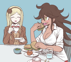 2girls blonde_hair blush_stickers bowl breasts brown_eyes brown_hair brown_jacket brown_vest burger chopsticks cleavage closed_eyes collared_shirt commentary_request danganronpa_(series) danganronpa_3_(anime) flower food food_on_face glass grey_background grey_shirt hair_between_eyes hair_flower hair_ornament hope&#039;s_peak_academy_school_uniform jacket large_breasts long_hair looking_at_another multiple_girls namu_(nurui_cha) neck_ribbon official_alternate_costume open_mouth owari_akane plate red_ribbon ribbon rice rice_bowl salad school_uniform shirt simple_background sonia_nevermind table vest