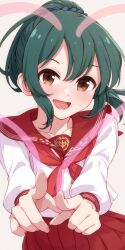 1girl artist_name collar green_hair hair_ornament hair_scrunchie heart highres idolmaster idolmaster_cinderella_girls idolmaster_cinderella_girls_starlight_stage index_finger_raised looking_at_viewer neckerchief ohishi_izumi pointing pointing_at_viewer ponytail red_collar red_neckerchief red_skirt school_uniform scrunchie serafuku sidelocks skirt solo yaaben