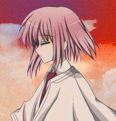 1girl aoi_yuki capelet chromatic_aberration closed_eyes closed_mouth cloud cloudy_sky commentary_request expressionless from_side highres necktie otonashi_ayana outdoors parted_lips pink_hair portrait profile red_necktie red_sky school_uniform shirt short_hair sky solo subarashiki_hibi white_capelet white_shirt