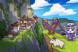 :d alternate_costume architecture bhutan bing_huyue blush_stickers chibi cliff cloud cloudy_sky commentary dress east_asian_architecture english_commentary gem gem_hair_ornament goat grass hair_flaps highres hololive hololive_english koseki_bijou long_hair mountain_goat open_mouth paro_taktsang pebble_(koseki_bijou) purple_dress purple_eyes purple_gemstone purple_hair purple_shoes real_world_location shoes simple_bird sky slingshot_(weapon) smile standing virtual_youtuber