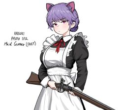 1girl animal_ear_fluff animal_ears antique_firearm apron black_dress borrowed_character breasts cat_ears character_request closed_mouth cocktiel77 commentary commentary_request cowboy_shot dress english_commentary english_text firearm frilled_apron frills gun holding holding_gun holding_weapon juliet_sleeves korean_commentary long_sleeves maid maid_apron medium_breasts mixed-language_commentary musket neck_ribbon original pink_eyes puffy_sleeves purple_hair red_ribbon ribbon short_hair sidelocks simple_background updo waist_apron weapon white_apron white_background