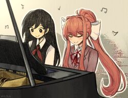 2girls black_eyes black_hair black_vest blush bow closed_eyes collared_shirt commentary doki_doki_literature_club doki_doki_literature_club_school_uniform english_commentary fill_feels formal_clothes grand_piano hair_bow hair_over_shoulder high_ponytail instrument long_hair looking_at_object mari_(faraway)_(omori) mari_(omori) monika_(doki_doki_literature_club) multiple_girls multiple_hair_bows music neck_ribbon necktie omori outline piano pink_hair pink_suit playing_instrument playing_piano ponytail red_necktie ribbon school_uniform shirt smile suit trait_connection upper_body very_long_hair vest white_outline white_shirt