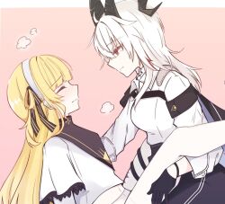 Rule 34 | 2girls, armband, black armband, black gloves, black ribbon, blush, breath, closed eyes, closed mouth, collared shirt, commentary, gloves, hair ribbon, hairband, hashtag-only commentary, long hair, long sleeves, multiple girls, phoebe (wuthering waves), pink background, red eyes, ribbon, shirt, simple background, smile, white hair, white hairband, white shirt, wuthering waves, yuri, zani (wuthering waves), zero 3b
