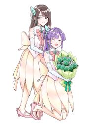 Rule 34 | 2girls, :d, ^ ^, animification, aurora flower (love live!), bare shoulders, bead hairband, bouquet, brown eyes, brown hair, butterfly hair ornament, butterfly wings, closed eyes, commentary request, cross-laced clothes, cross-laced top, elbow gloves, fake wings, flower, flower stand art, full body, gloves, green flower, green rose, hair bun, hair intakes, hair ornament, hairband, hanamiya nina, hands on another&#039;s shoulders, high heels, highres, holding, holding bouquet, insect wings, kneeling, link! like! love live!, long hair, love live!, medium skirt, mole, mole under eye, multiple girls, official alternate costume, open mouth, orange skirt, orange thighhighs, orange wings, otomune kozue, over-kneehighs, pink shirt, pink shoes, pleated skirt, ponytail, purple hair, real life, rose, second-party source, shirt, shoes, sidelocks, simple background, single hair bun, skirt, sleeveless, sleeveless shirt, smile, standing, thighhighs, virtual youtuber, voice actor, voice actor connection, white background, white flower, white gloves, white hairband, wings, zangemiya