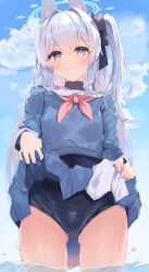 1girl absurdres blue_archive blue_eyes blue_halo blue_one-piece_swimsuit blue_serafuku blue_skirt blue_sky blush bow breasts closed_mouth d244 hair_bow halo headgear highres long_hair looking_at_viewer miyako_(blue_archive) one-piece_swimsuit pleated_skirt ponytail school_uniform serafuku side_ponytail sidelocks skirt sky solo swimsuit white_hair