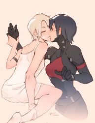 2girls absurdres android anh_dang ariane_yeong black_hair camisole closed_eyes cyberpunk elster_(signalis) highres joints kiss metal_skin multiple_girls robot_girl robot_joints science_fiction short_hair signalis white_hair yuri