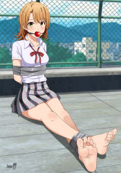 1girl absurdres arms_behind_back ball_gag barefoot bdsm blush body_blush bondage bound bound_ankles breast_bondage breasts brown_eyes brown_hair collarbone gag gagged hair_between_eyes highres isshiki_iroha legs long_legs looking_at_viewer miniskirt open_collar ribbon school_uniform shadow_xcp skirt tape toenails toes yahari_ore_no_seishun_lovecome_wa_machigatteiru.
