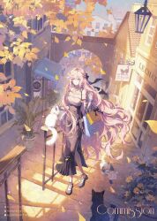 1girl bag black_cat black_dress breasts building cat cleavage dress english_text full_body gloves handbag highres holding holding_bag large_breasts leaf long_hair looking_at_viewer original outdoors pink_hair plant polora potted_plant smile solo standing very_long_hair white_cat
