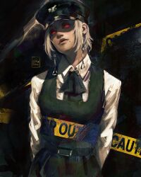 1girl artist_name caution_tape chainsaw_man commentary demon_girl dress earrings english_commentary fami_(chainsaw_man) fourth_east_high_school_uniform highres jewelry looking_at_viewer mole mole_under_eye mole_under_mouth multiple_moles open_mouth painterly pinafore_dress red_eyes ringed_eyes school_uniform sebijy sleeveless sleeveless_dress solo