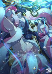 1girl air_bubble anal blue_hair bubble censored character_request copyright_request dress fellatio flat_chest gummyrise highres holding holding_wand long_hair magical_girl mosaic_censoring oral tentacle_sex tentacles triple_penetration underwater vaginal wand yellow_eyes