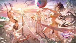 4girls absurdres alternate_costume arms_up ball bare_legs beachball beret bikini bikini_top_only black_bikini black_gloves black_hair black_hat black_shorts blonde_hair bow breasts cartethyia_(wuthering_waves) cleavage collarbone commentary dasha english_commentary female_rover_(wuthering_waves) gloves grey_hair hair_bow hair_ornament hair_ribbon hairclip hat highres jinhsi_(wuthering_waves) legs logo long_hair low_ponytail medium_breasts mole mole_on_cheek multiple_girls navel official_art open_mouth outdoors parallel_hairclips parted_lips pointy_ears ponytail red_eyes ribbon rover_(wuthering_waves) sanhua_(wuthering_waves) second-party_source shorts sidelocks spiking stomach swim_ring swimsuit thighs very_long_hair volleyball white_bikini white_bow white_eyes white_hair wuthering_waves yellow_bikini yellow_eyes yellow_ribbon