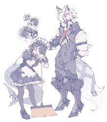 1boy 1girl anger_vein animal_ears animal_nose apron arm_behind_back arm_belt black_gloves black_hair body_fur broom chibi closed_mouth collared_vest colored_tips dreaming dress drooling ear_piercing earclip ellen_joe facing_another fingerless_gloves fins fish_tail full_body furry furry_male gloves grey_vest hairband hand_up hands_up highres leaning_forward legs_apart maid maid_apron maid_headdress mechanical_legs medium_dress metal_hairband mouth_drool multicolored_hair muzzle_(mask) pants pantyhose parted_lips piercing ranta000 red_hair scar scar_on_tail shark_tail shirt shoes short_hair short_sleeves simple_background sleeping snout speech_bubble spiked_headband spikes standing tail tail_belt thought_bubble two-tone_hair vest von_lycaon white_background white_fur white_hair wing_collar wolf_boy wolf_ears wolf_tail zenless_zone_zero