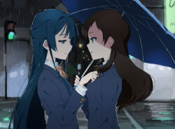 Rule 34 | 2girls, black hair, black jacket, blazer, blue eyes, brown hair, city, closed mouth, face-to-face, from side, half updo, holding, holding umbrella, idolmaster, idolmaster million live!, jacket, kitazawa shiho, long hair, long sleeves, mogami shizuka, multiple girls, night, outdoors, rain, shirop imas, standing, umbrella