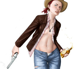 1girl alcohol bad_id bad_pixiv_id blue_eyes breasts denim fallout:_new_vegas fallout female_focus gun handgun hat jeans jewelry midriff navel necklace no_bra open_clothes open_fly open_shirt pants ponytail red_hair revolver rose_of_sharon_cassidy shirt small_breasts solo unbuttoned unzipped weapon whiskey yorimitsu