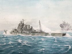 Rule 34 | aiming, atelier bono, cannon, cruiser, dinosaur, godzilla, godzilla (minus one), godzilla (series), godzilla minus one, highres, ijn takao, imperial japanese navy, kaiju, military vehicle, ocean, painting (medium), sea monster, ship, ship turret, smokestack, takao (cruiser), toho, traditional media, vehicle focus, warship, watercolor (medium), watercraft, waves