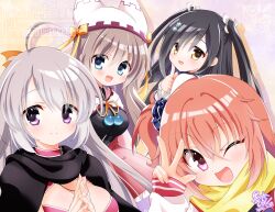 Rule 34 | 2025, 4girls, :d, ;d, = hair ornament, ahoge, animal ear headwear, anniversary, ayachi nene, belt, belt bra, black cape, black hair, blue eyes, blue scrunchie, blush, bow, breasts, brown hair, cape, cleavage, closed mouth, commentary request, cowboy shot, crossed bangs, dated, drop shadow, eyes visible through hair, fake animal ears, fingernails, frilled skirt, frills, grey hair, hair between eyes, hair ornament, hair ribbon, hair scrunchie, hairclip, hand up, happy, hat, hat bow, hat ribbon, highres, hinocchio bkrk, inaba meguru, index finger raised, interlocked fingers, large breasts, long hair, looking at viewer, magical girl, multiple girls, no headwear, one eye closed, one side up, open mouth, orange hair, own hands together, pink background, pink belt, pink skirt, purple eyes, red eyes, ribbon, sanoba witch, scarf, scrunchie, shiiba tsumugi, sidelocks, signature, simple background, skirt, sleeves past wrists, smile, solo, split mouth, tareme, togakushi touko, two side up, upper body, w, watermark, white cape, white hat, white ribbon, yellow bow, yellow eyes, yellow ribbon, yellow scarf