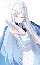 1girl bandage_in_mouth bandaged_arm bandaged_hand bandages bare_arms blue_archive blue_bow blush bow closed_mouth highres long_hair looking_at_viewer nagusa_(blue_archive) parted_bangs shirt sidelocks skirt sleeveless sleeveless_shirt solo tomato_greening white_eyes white_hair white_shirt white_skirt