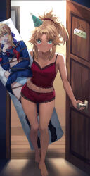 1girl alternate_costume artoria_pendragon_(fate) bare_legs bare_shoulders blonde_hair blue_eyes blush breasts camisole dakimakura_(object) doorway expressionless fate/apocrypha fate/grand_order fate_(series) female_focus frilled_shorts frills full_body gag gluteal_fold green_eyes groin hat highres implied_yuri improvised_gag lipstick_mark looking_at_viewer master_artoria medium_breasts midriff mordred_(fate) mother_and_daughter navel no_pants opening_door panties party_hat pillow ponytail pov_doorway red_camisole red_panties red_scrunchie red_shorts scrunchie shirt short_shorts shorts small_breasts solo striped tape tape_gag tonee underwear walking walking_towards_viewer