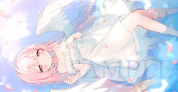 1girl afloat amanosakura_tsumugihime angel_wings bare_shoulders blush commentary_request dress falling_petals first_stage_production frilled_dress frills hair_ornament hand_on_own_chest long_hair looking_at_viewer lying on_back parted_lips petals pink_eyes pink_hair pink_petals sideways sleeveless sleeveless_dress solo star_(symbol) star_hair_ornament tiara toufu_mentaru_zabuton virtual_youtuber white_dress white_wings wings