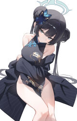 1girl absurdres bare_shoulders black_coat black_dress black_hair blue_archive butterfly_hair_ornament china_dress chinese_clothes closed_mouth coat double_bun dragon_print dress grey_eyes grey_halo hair_between_eyes hair_bun hair_ornament halo head_tilt highres inori_mai kisaki_(blue_archive) long_hair long_sleeves looking_at_viewer off_shoulder open_clothes open_coat pelvic_curtain print_dress simple_background sitting sleeveless sleeveless_dress solo striped_coat thighs twintails vertical-striped_coat white_background