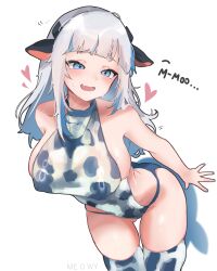 1girl absurdres alternate_breast_size alternate_costume animal_ears animal_print ass blue_eyes blue_hair blue_nails blush breasts cow_ears cow_print english_text fins fish_tail gawr_gura grey_hair heart highres hololive hololive_english large_breasts looking_at_viewer me_o_wy medium_hair multicolored_hair shark_girl shark_tail solo streaked_hair sweatdrop tail virtual_youtuber