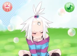 Rule 34 | 10s, 1girl, bad id, bad pixiv id, blue eyes, blush, boots, bubble, cursor, dress, embarrassed, fake screenshot, female focus, forehead, freckles, gameplay mechanics, gradient background, gym leader, hair bobbles, hair ornament, headpat, looking away, lowres, nintendo, pokemon, pokemon-amie, pokemon bw2, rin (cuddlecore), roxie (pokemon), short dress, short hair, solo, striped clothes, striped dress, topknot, white hair