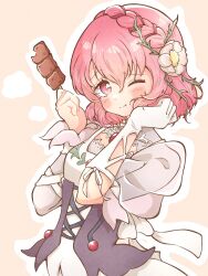 1girl blush braid closed_mouth commentary_request flower food gloves hair_flower hair_ornament highres holding holding_skewer kazunokoumaa_(mymyabyss) meat misella one_eye_closed pink_eyes pink_hair raised_eyebrow short_hair skewer smile solo standing tales_of_(series) tales_of_crestoria white_flower white_gloves