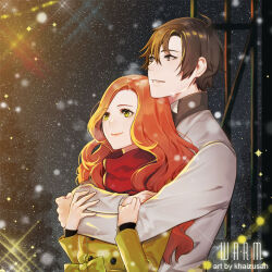 1boy 1girl brown_hair coat couple eyelashes green_eyes grey_coat han_jumin hetero hug hug_from_behind night parted_lips persona92 protagonist_(susanghan_messenger) red_scarf scarf signature sky smile star_(sky) starry_sky susanghan_messenger yellow_coat