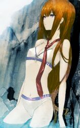 1girl absurdres against_wall bikini breast_zipper breasts brown_hair cleavage cowboy_shot from_side groin halftone highleg highleg_bikini highres huke long_hair looking_afar looking_to_the_side loose_necktie makise_kurisu narrow_waist navel necktie non-web_source official_art outdoors partially_submerged pink_lips purple_eyes red_necktie rock sidelocks small_breasts solo standing steins;gate steins;gate:_my_darling&#039;s_embrace stomach swimsuit thick_thighs thighs unzipped very_long_hair wading water white_bikini zipper zipper_bikini